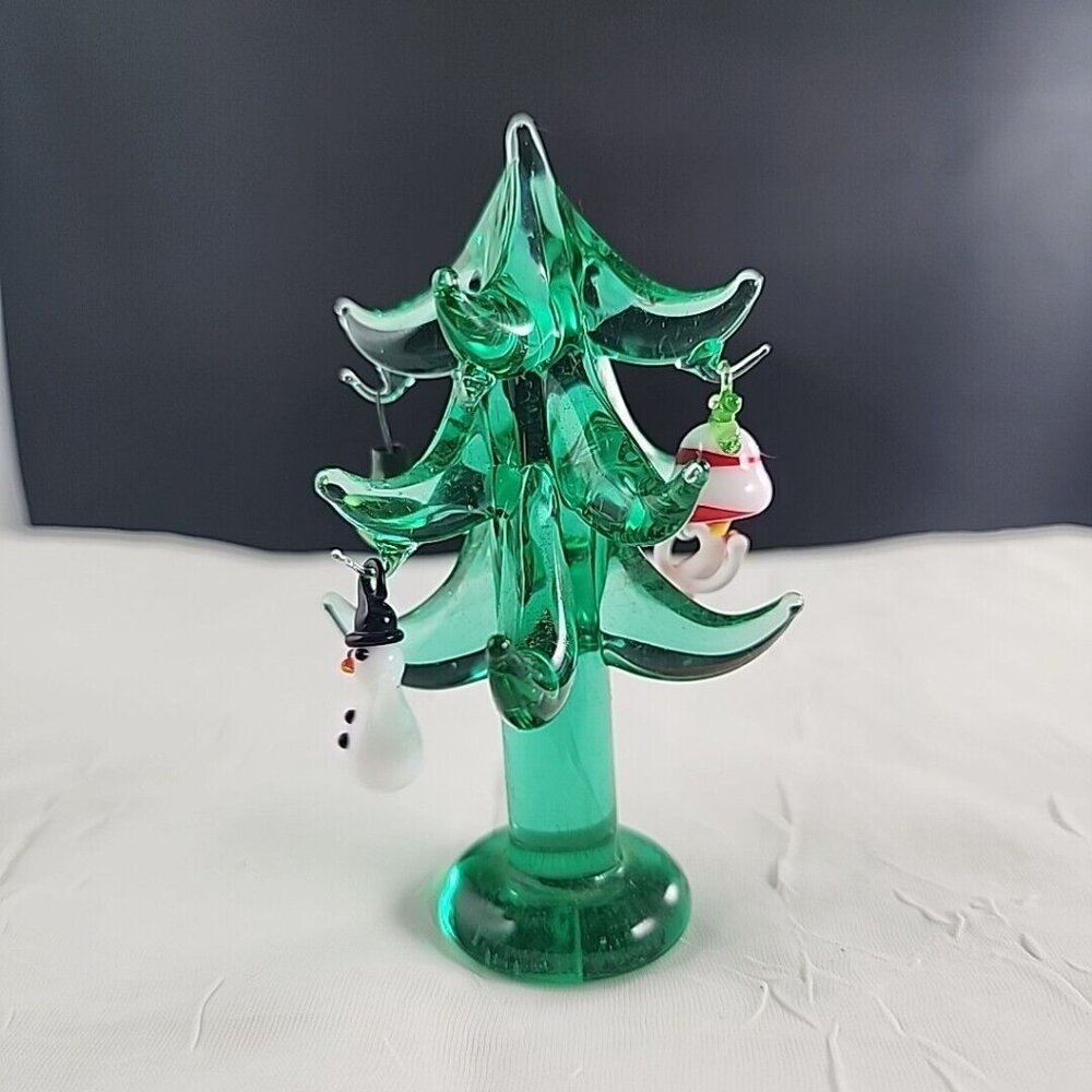 Vintage Art Glass Christmas Tree 4" with miniature ornaments green figurine deco - Picture 3 of 7